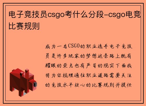 电子竞技员csgo考什么分段-csgo电竞比赛规则